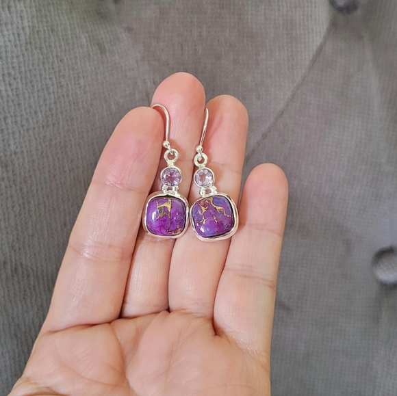 Shivam Square Shaped Purple💜 Copper Turquoise With Gold💛 Veins Earrings - Picture 7 of 16
